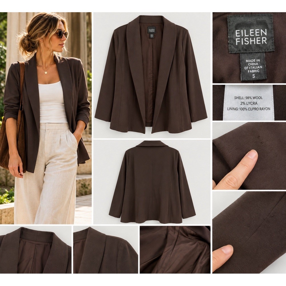 Eileen Fisher Lightweight Open Blazer Chocolate Brown S Wool Lagenlook Academia